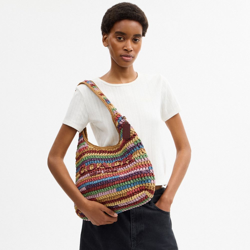 COACH®,Brooklyn Shoulder Bag 34,Hobo,Straw,Applique,Logo,Pendant,Brass,Casual,Multi Color,Detail View