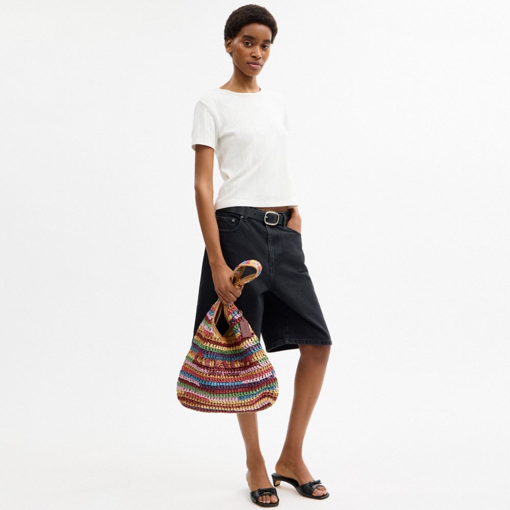 COACH®,Brooklyn Shoulder Bag 34,Hobo,Straw,Applique,Logo,Pendant,Brass,Casual,Multi Color,Detail View