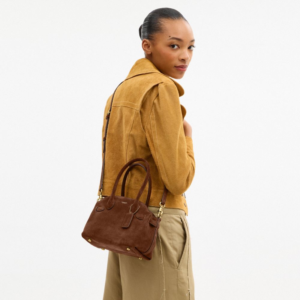 COACH®,Soft Empire Carryall Bag 21,Leather,Suede,Lining Synthetic,Satchel,Pendant,Expandable,Brass,Work,Brown,Detail View
