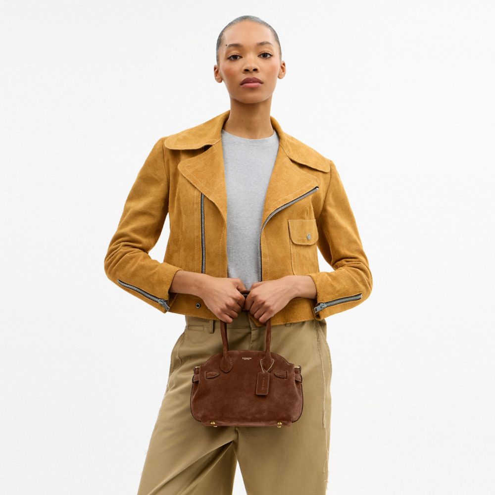 COACH®,Soft Empire Carryall Bag 21,Leather,Suede,Lining Synthetic,Satchel,Pendant,Expandable,Brass,Work,Brown,Detail View