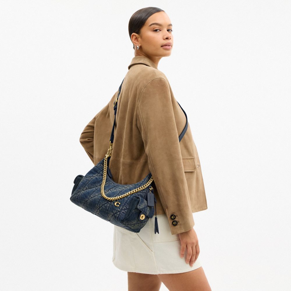 COACH®,Pocket Juliet Bag 30 In Regenerative Cotton Denim With Quilting,,Detail View