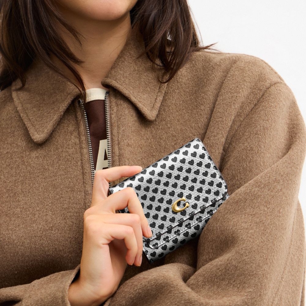 COACH®,Mila Small Flap Wallet With Heart Print,Leather,Tri Fold,Metal,Casual,Multi Color,Detail View