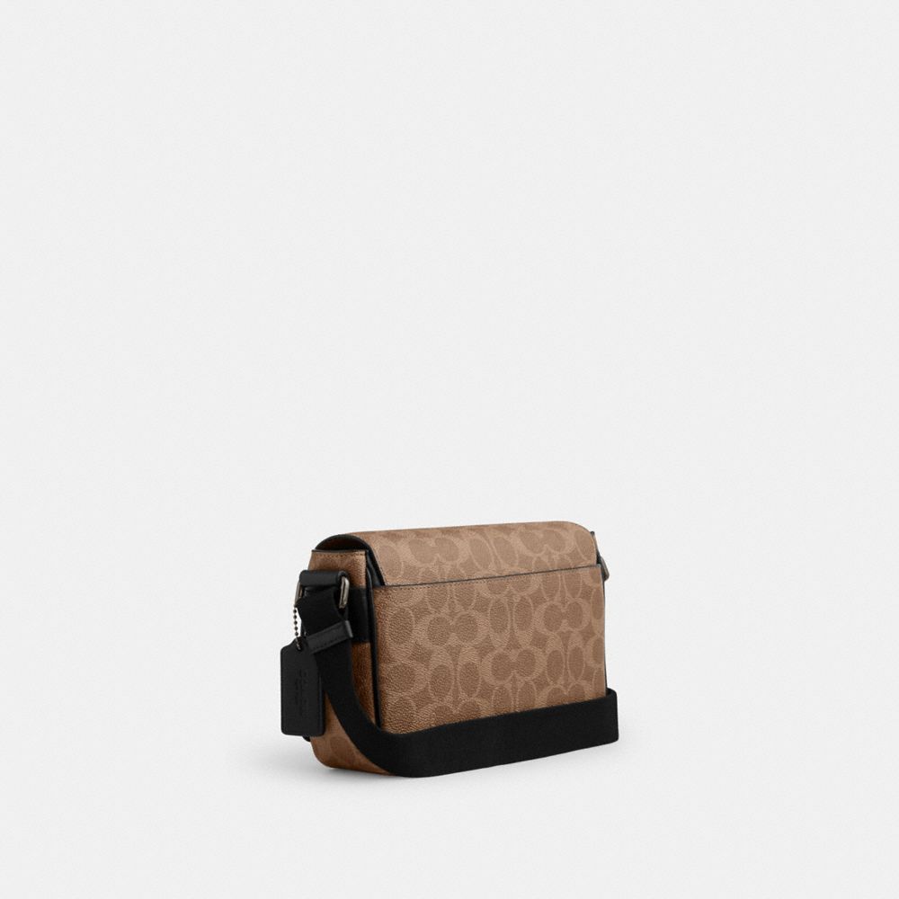 COACH®,Jack Small Flap Crossbody Bag In Signature Canvas,Recycled Polyester,Canvas,Leather,Crossbody,Logo,Adjustable,Lined...,Brown,Angle View