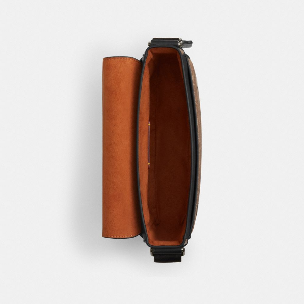 COACH®,Jack Small Flap Crossbody Bag In Signature Canvas,Recycled Polyester,Canvas,Leather,Crossbody,Logo,Adjustable,Lined...,Brown,Inside View,Top View