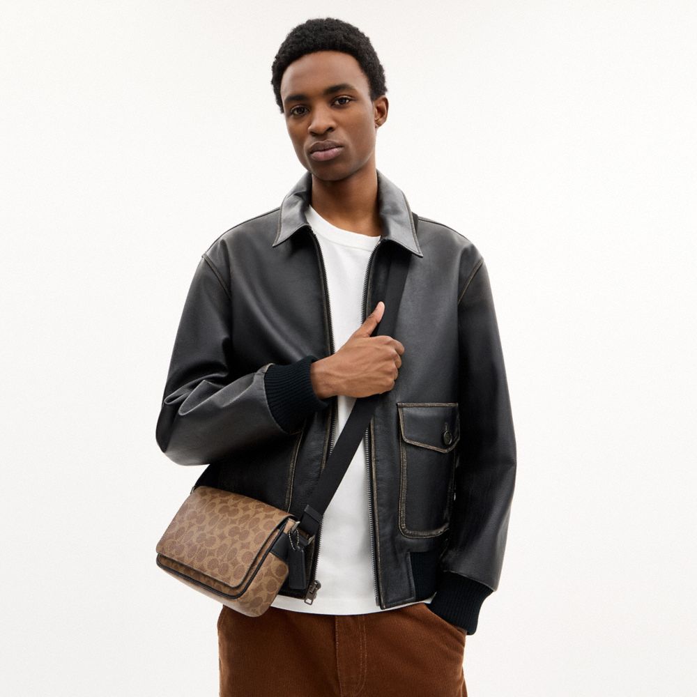 COACH®,Jack Small Flap Crossbody Bag In Signature Canvas,Recycled Polyester,Canvas,Leather,Crossbody,Logo,Adjustable,Lined...,Brown,Detail View