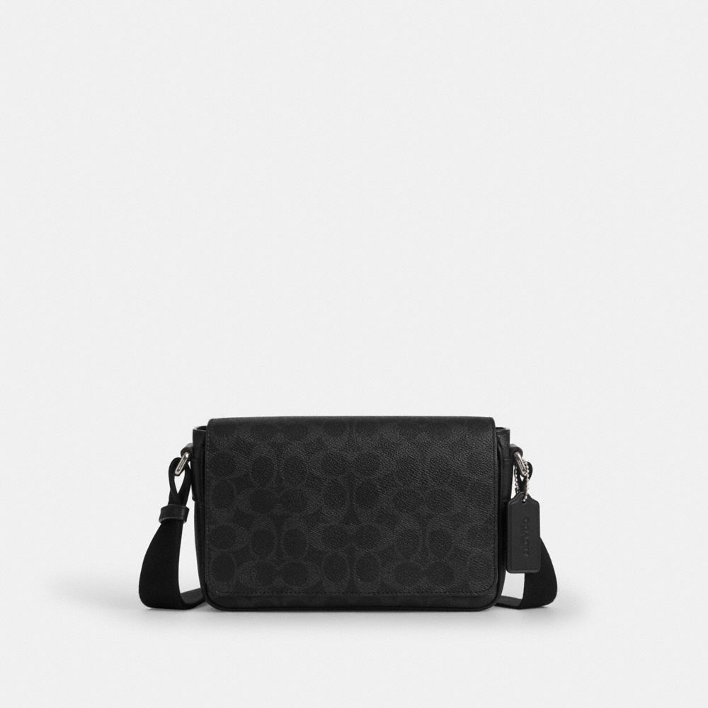 COACH®,Jack Small Flap Crossbody Bag In Signature Canvas,Recycled Polyester,Canvas,Leather,Crossbody,Logo,Adjustable,Lined...,Black,Front View