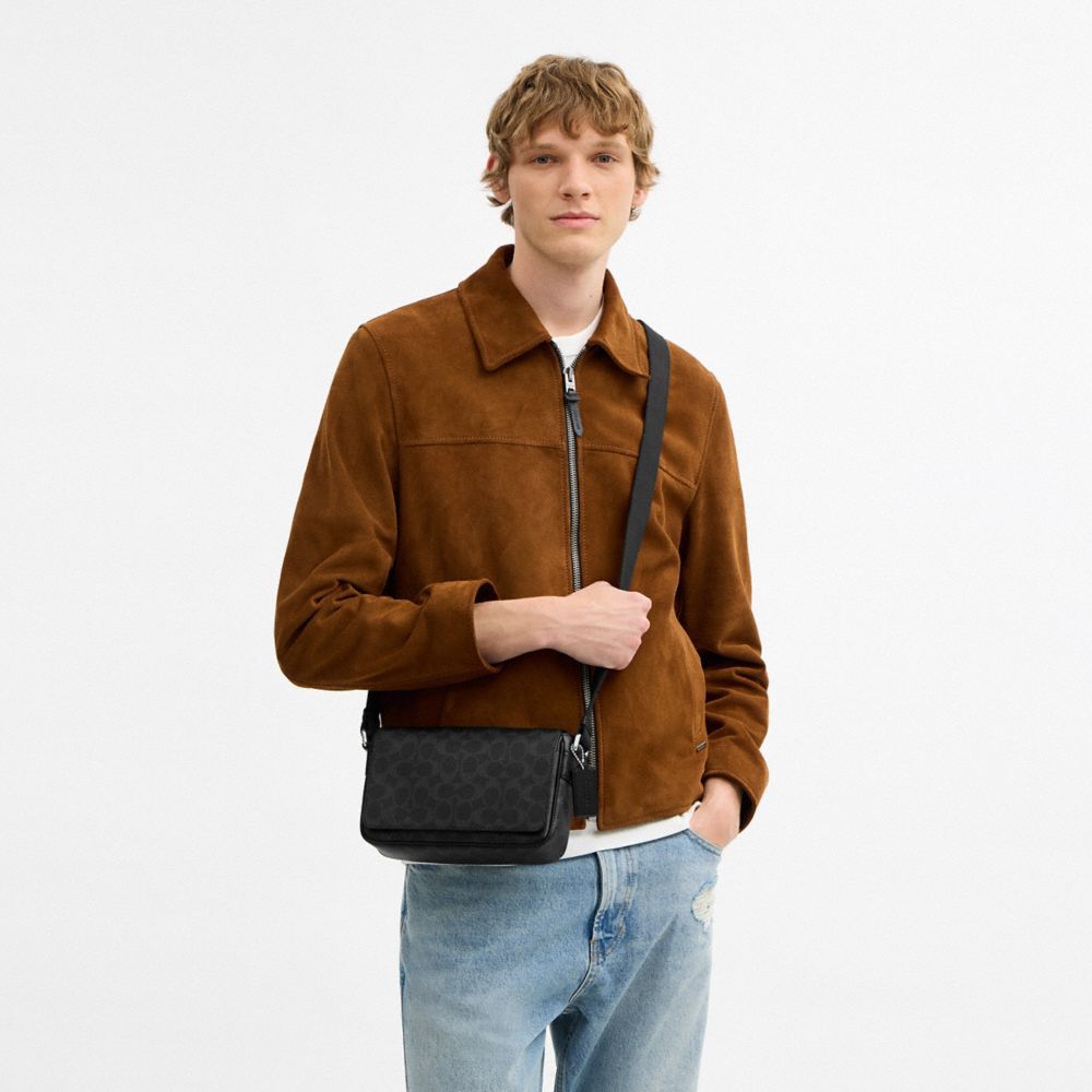 COACH®,Jack Small Flap Crossbody Bag In Signature Canvas,Recycled Polyester,Canvas,Leather,Crossbody,Logo,Adjustable,Lined...,Black,Detail View