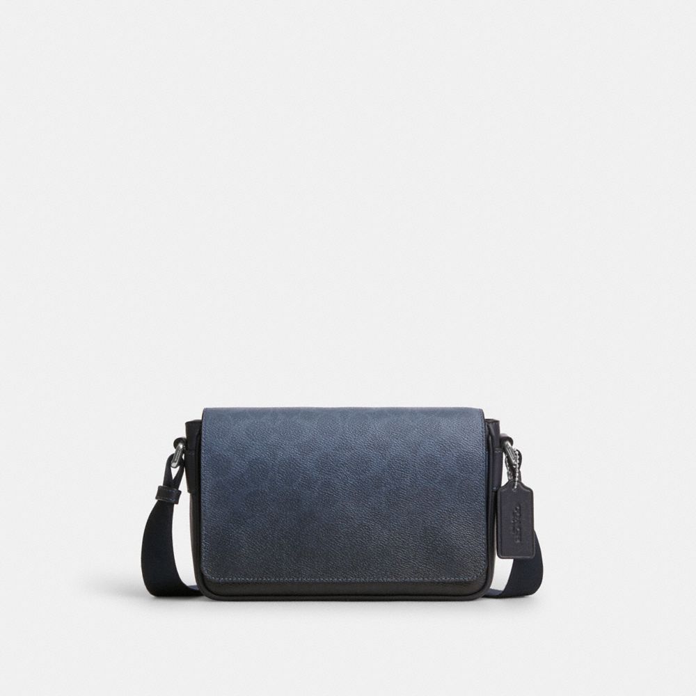 COACH®,Jack Small Flap Crossbody Bag In Ombre Signature Canvas,Canvas,Leather,Recycled Polyester,Crossbody,Logo,Adjustable...,Navy,Front View