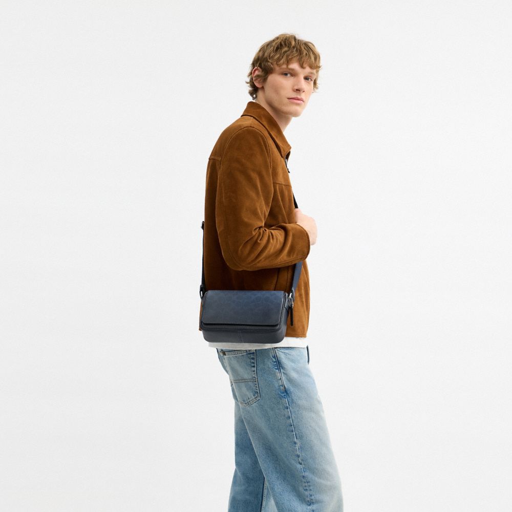 COACH®,Jack Small Flap Crossbody Bag In Ombre Signature Canvas,Canvas,Leather,Recycled Polyester,Crossbody,Logo,Adjustable...,Navy,Detail View