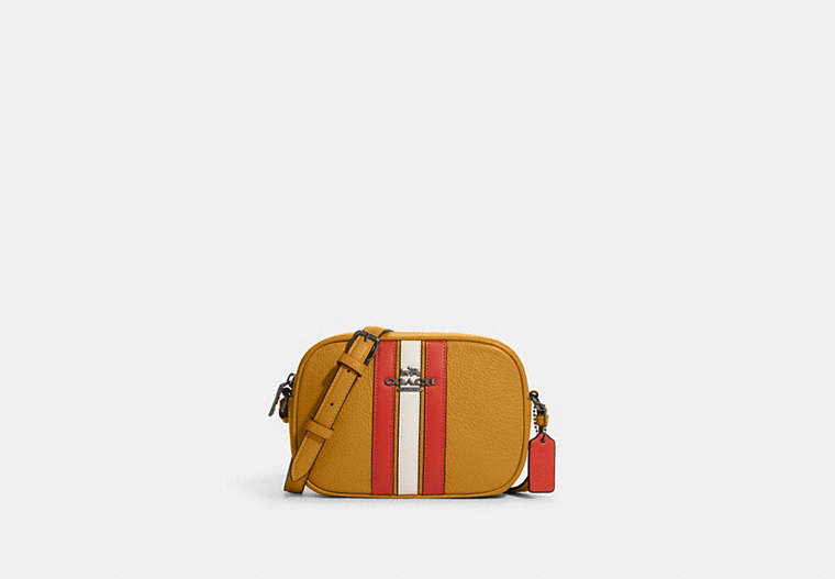 COACH®,MINI JAMIE CAMERA BAG WITH VARSITY STRIPE,Small,Black Antique Nickel/Buttercup Multi,Front View