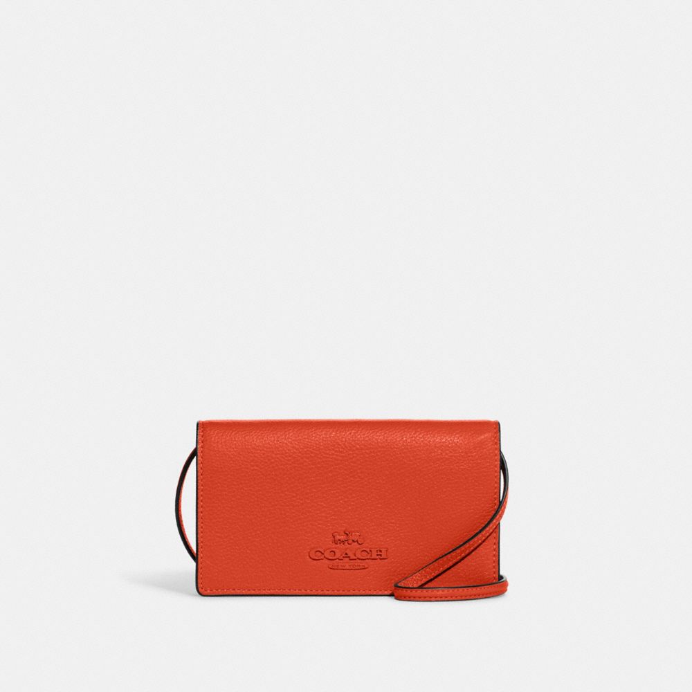 COACH®,ANNA FOLDOVER CLUTCH CROSSBODY,Refined Pebble Leather,Medium,Gold/Mango,Front View