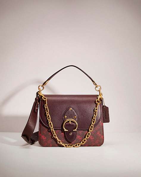 COACH®,RESTORED BEAT SHOULDER BAG WITH HORSE AND CARRIAGE PRINT,Printed Coated Canvas,Small,Brass/Oxblood Cranberry,Front View