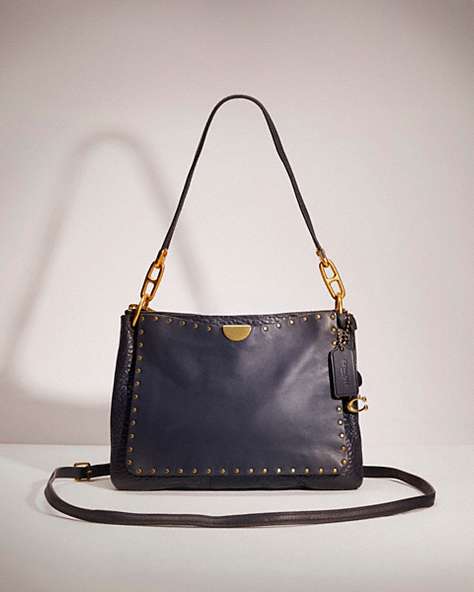 COACH®,RESTORED DREAMER SHOULDER BAG WITH RIVETS,Leather,Medium,Brass/Midnight Navy,Front View