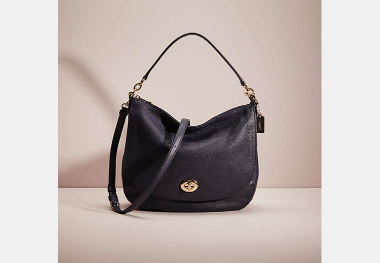 COACH®,RESTORED TURNLOCK HOBO,Polished Pebble Leather,Large,Light Gold/Navy,Front View