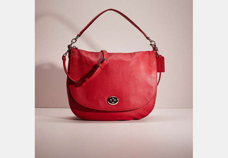 COACH®,RESTORED TURNLOCK HOBO,Polished Pebble Leather,Large,Silver/True Red,Front View