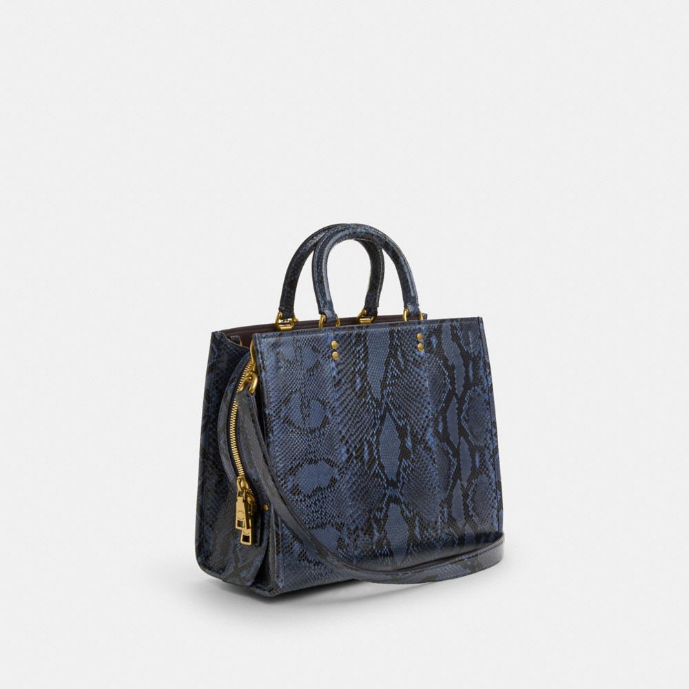 COACH®,Rogue Bag In Snakeskin,Leather,Satchel,Logo,Metal,Day Party,Navy,Angle View