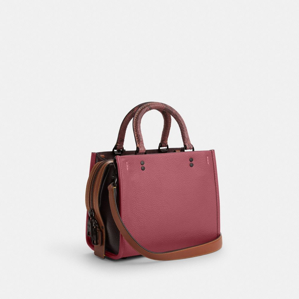 COACH®,Rogue Bag 25 In Colorblock With Snakeskin Detail,Leather,Satchel,Animal Skin Embossing,Logo,Metal,Stitching,Work,Maroon,Angle View