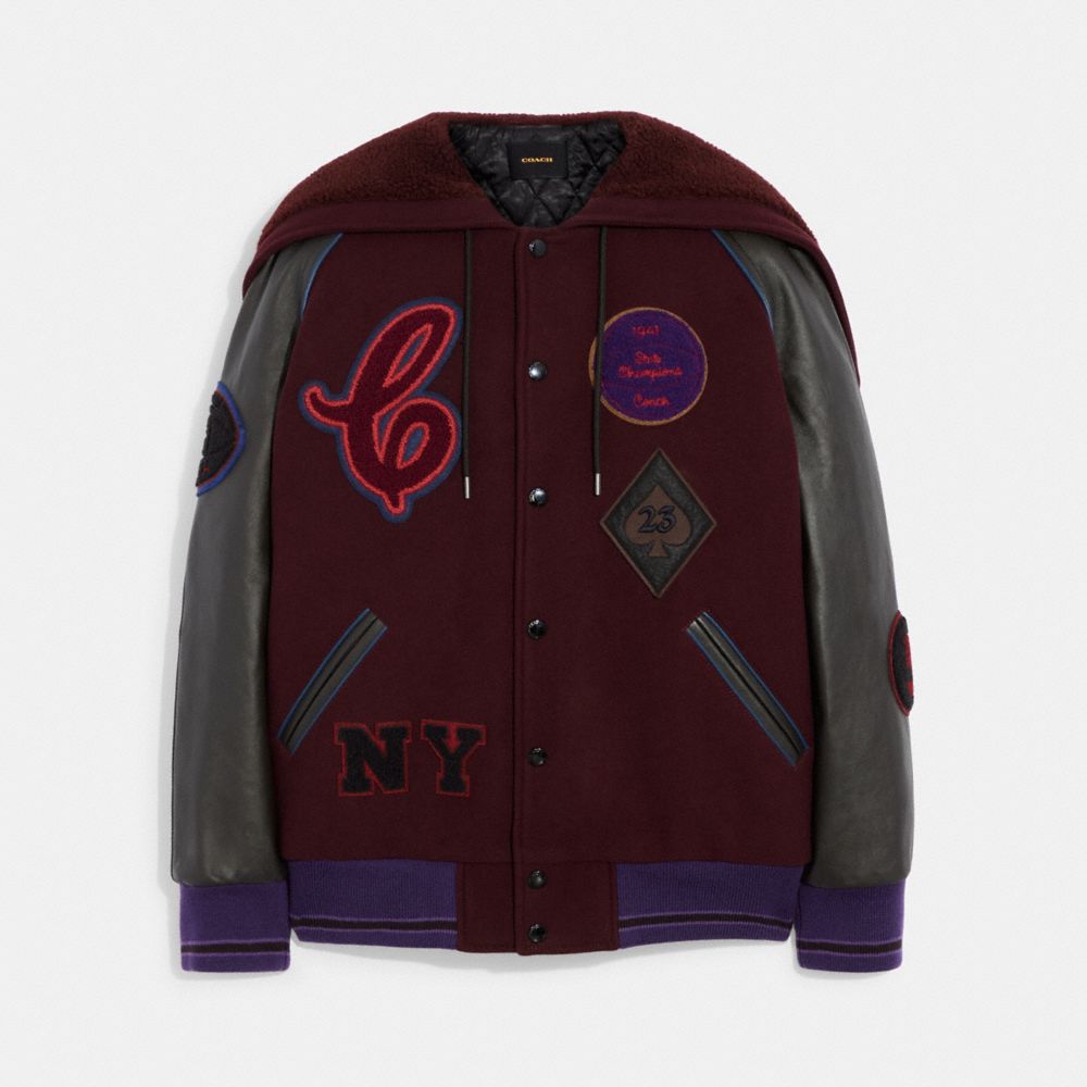 COACH® | Hooded Varsity Jacket In Recycled Wool And Recycled Polyester