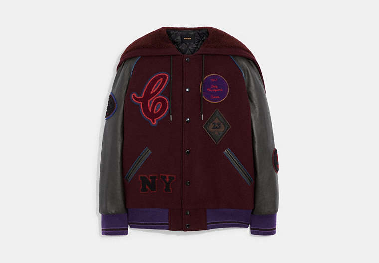 COACH®,HOODED VARSITY JACKET IN RECYCLED WOOL AND RECYCLED POLYESTER,wool,Burgundy,Front View