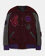 COACH®,HOODED VARSITY JACKET IN RECYCLED WOOL AND RECYCLED POLYESTER,wool,Burgundy,Front View