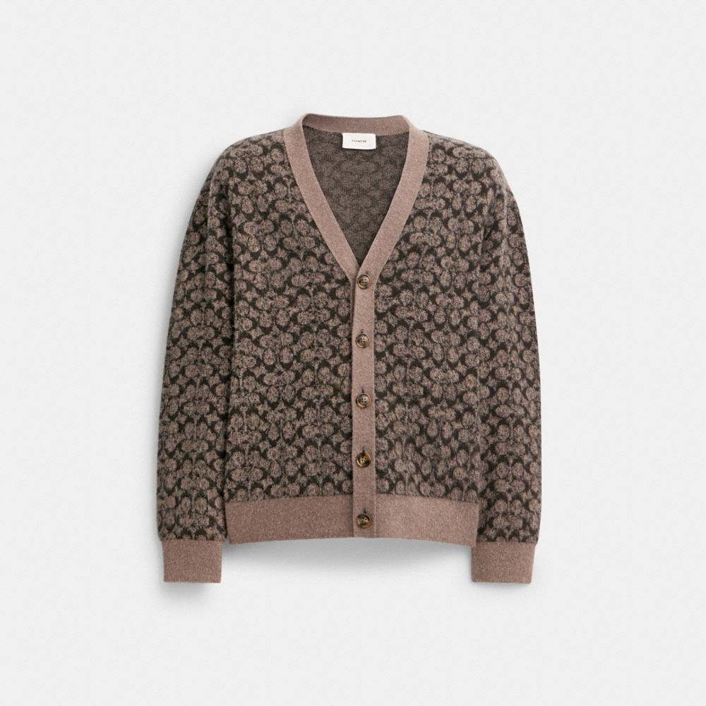 COACH®,SIGNATURE CARDIGAN,wool,Grey Multi,Front View