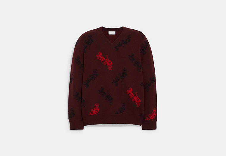 COACH®,HORSE AND CARRIAGE V-NECK SWEATER,wool,Burgundy,Front View