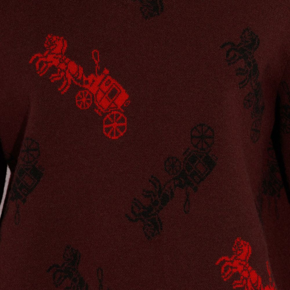 COACH®,Horse And Carriage V Neck Sweater,Wool,Polyamide,Spandex,Sweater,Pullover,Logo,Casual,Maroon,Detail View