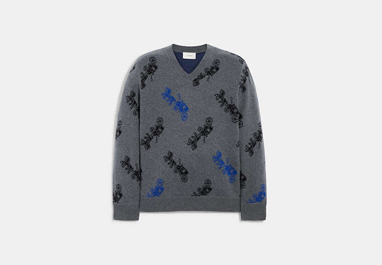COACH®,HORSE AND CARRIAGE V-NECK SWEATER,wool,Grey Multi,Front View