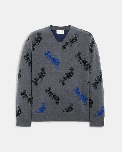 COACH®,HORSE AND CARRIAGE V-NECK SWEATER,Grey Multi,Front View
