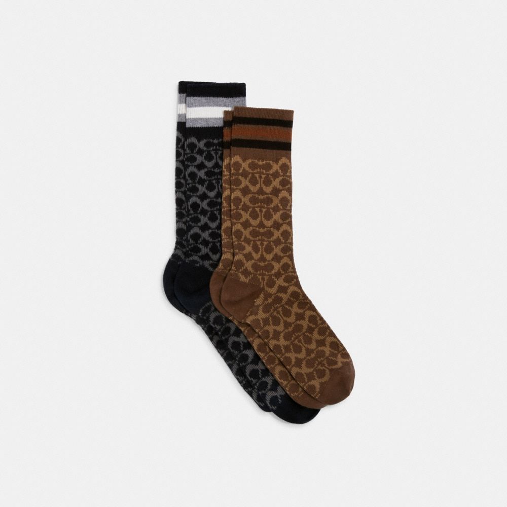 COACH®,SIGNATURE CALF LENGTH SOCKS,Black/Khaki,Front View