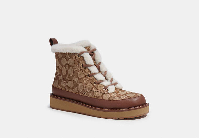 COACH®,IMANI BOOT IN SIGNATURE JACQUARD,mixedmaterial,Khaki/Saddle,Front View image number 0