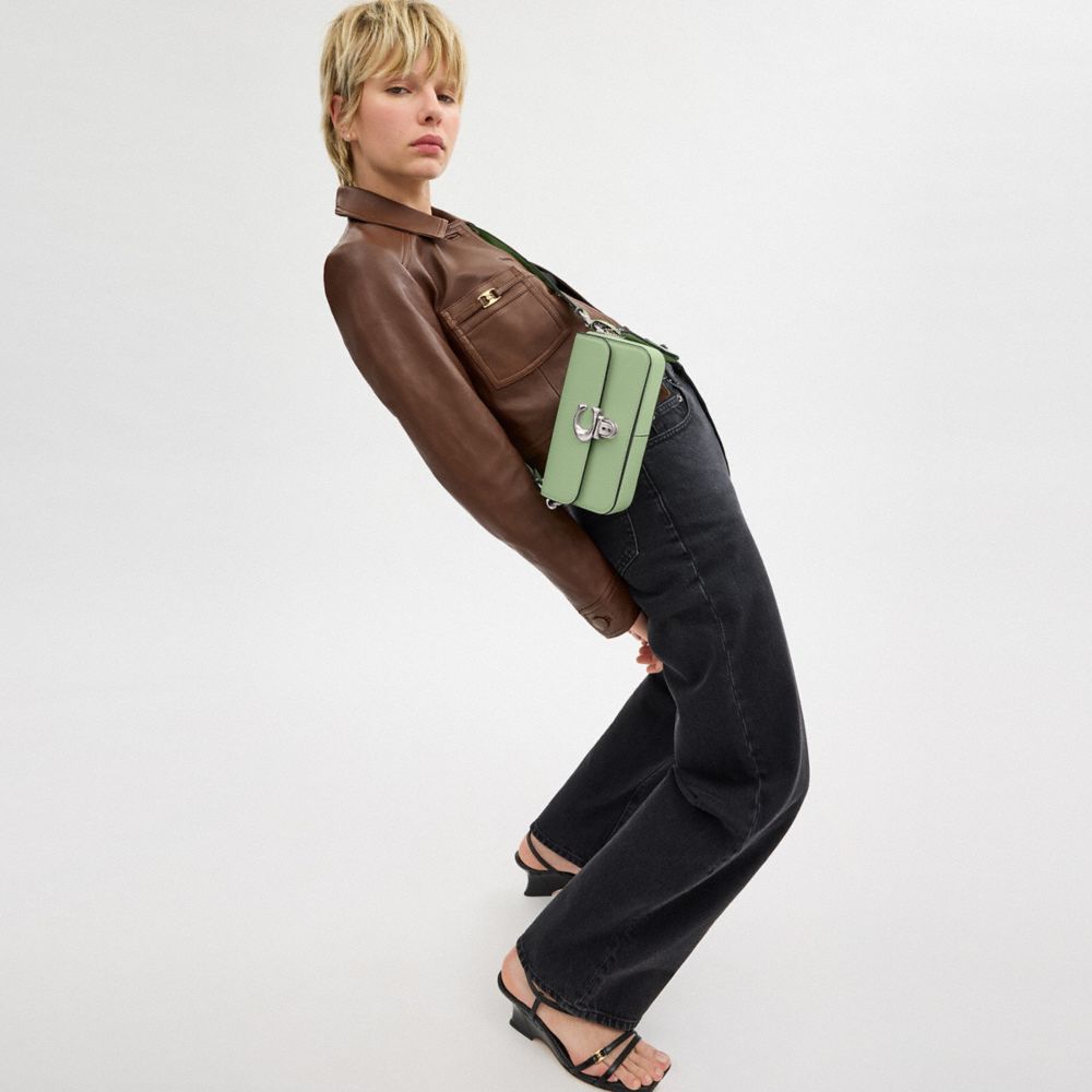 COACH®,Studio Bag 20,Leather,Shoulder Bag,Logo,Embossed,Metal,Silver Metal,Day Party,Green
