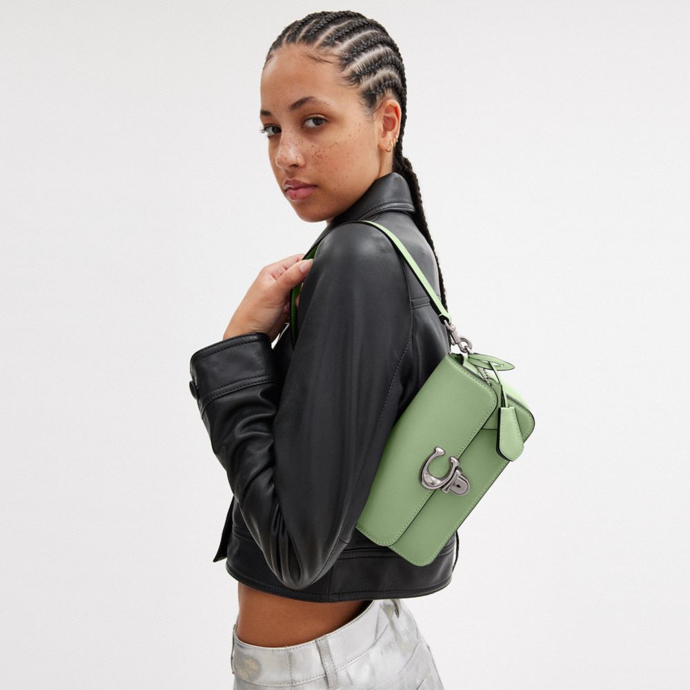 COACH®,Studio Bag 20,Leather,Shoulder Bag,Logo,Embossed,Metal,Silver Metal,Day Party,Green,Detail View