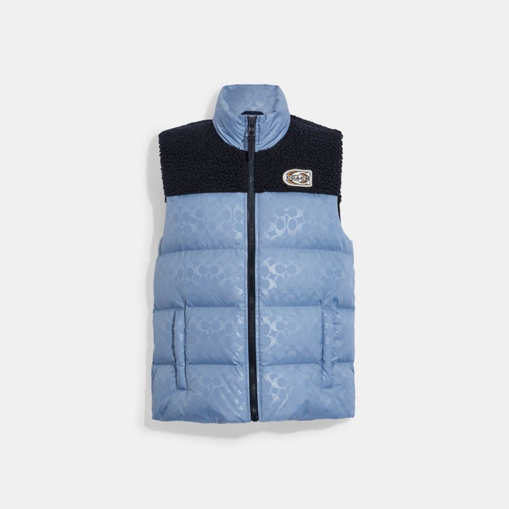 COACH®,SIGNATURE COLORBLOCK SHERPA PUFFER VEST,Blue,Front View