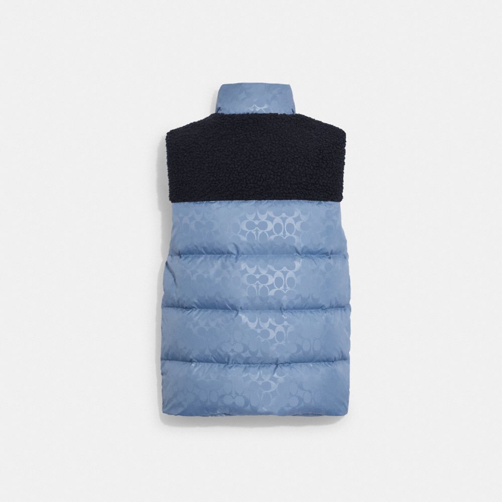 COACH®,SIGNATURE COLORBLOCK SHERPA PUFFER VEST,Blue,Back View