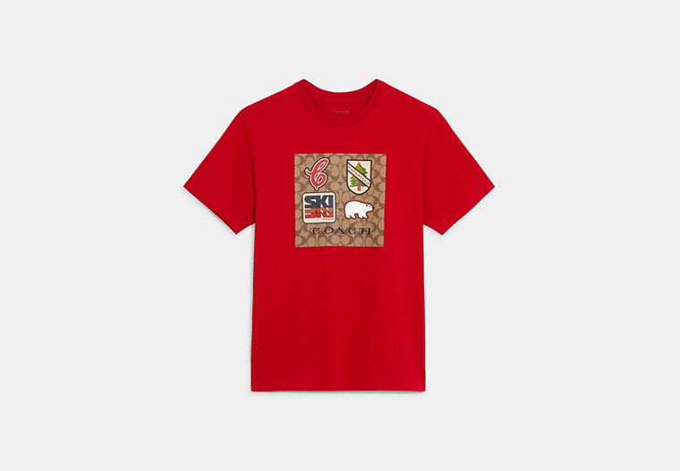 COACH®,SKI PATCHES SIGNATURE T-SHIRT,Red,Front View
