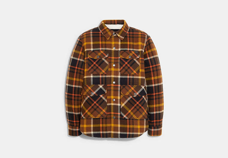 COACH®,PLAID SHERPA LINED SHIRT JACKET,Polyester,Blanket Plaid / Dark Brown,Front View