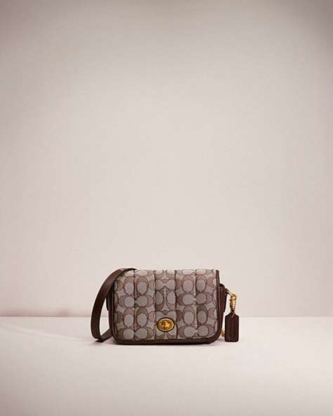 COACH®,RESTORED DINKY 18 IN SIGNATURE JACQUARD WITH QUILTING,Mini,Brass/Oak Maple,Front View