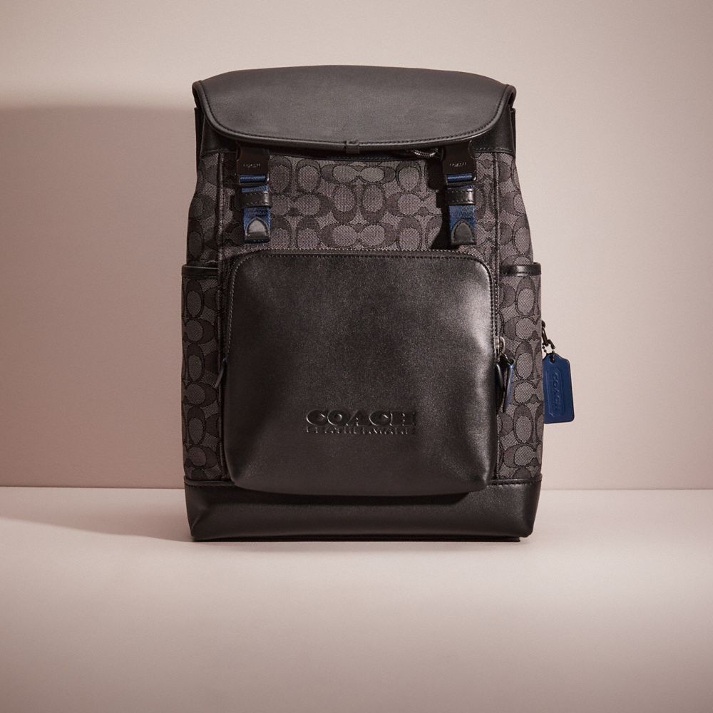 COACH®,RESTORED LEAGUE FLAP BACKPACK IN SIGNATURE JACQUARD,Signature Jacquard,Pewter/Charcoal/Black,Front View