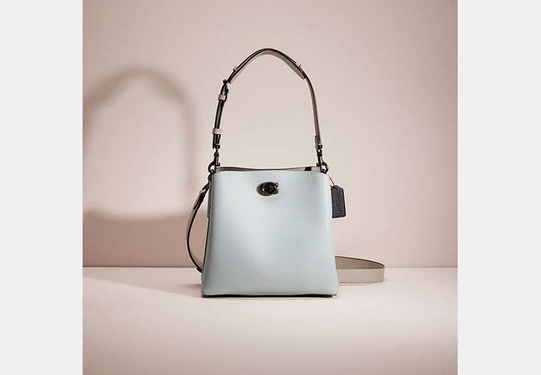 COACH®,RESTORED WILLOW BUCKET BAG IN COLORBLOCK,Polished Pebble Leather,Medium,Pewter/Aqua Multi,Front View