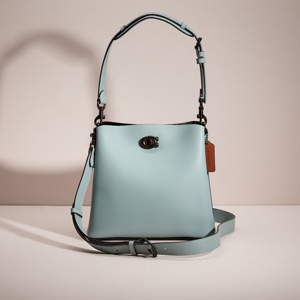 COACH®,Restored Willow Bucket Bag In Colorblock,Leather,Shoulder Bag,Metal,Color Block,Logo,Casual,Green,Front View