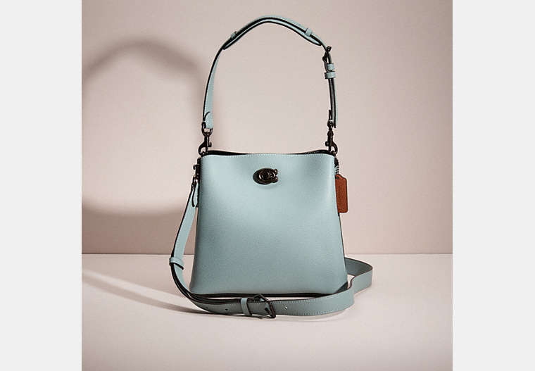COACH®,RESTORED WILLOW BUCKET BAG IN COLORBLOCK,Polished Pebble Leather,Medium,Pewter/Sage Multi,Front View
