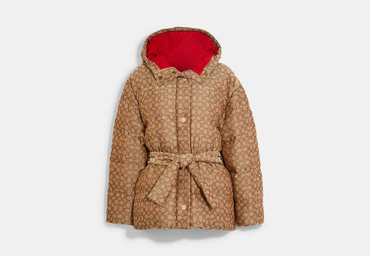 COACH®,SIGNATURE JACQUARD DOWN PILLOW JACKET,wool,Khaki/Red,Front View image number 0