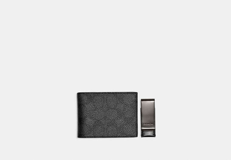 COACH®,BOXED SLIM BILLFOLD WALLET AND MONEY CLIP SET IN SIGNATURE CANVAS,Signature Coated Canvas,Charcoal/Black,Front View
