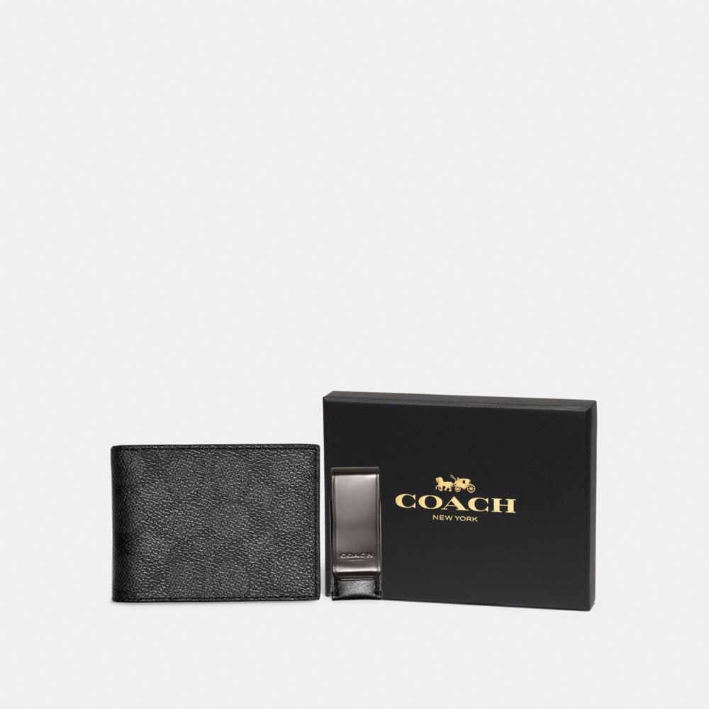 COACH®,Boxed Slim Billfold Wallet And Money Clip Set In Signature Canvas,,Front View