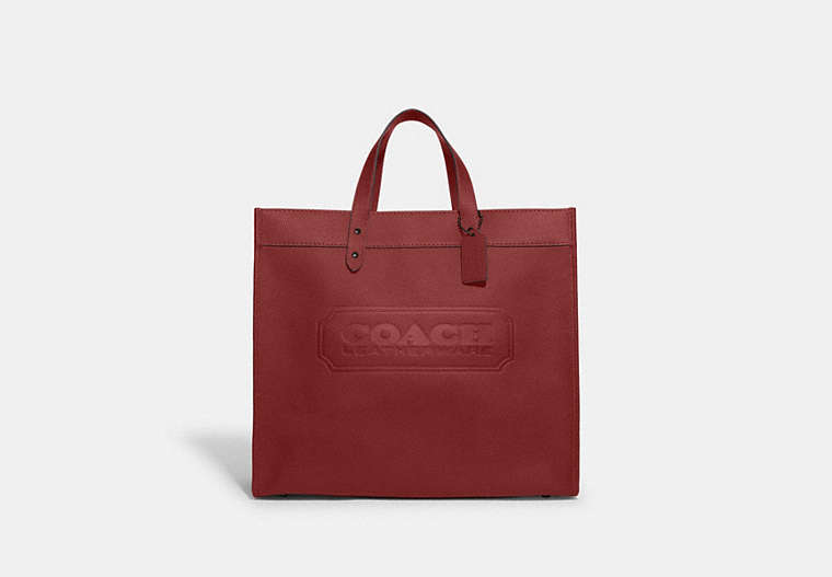 COACH®,FIELD TOTE 40 WITH COACH BADGE,Polished Pebble Leather,X-Large,Ruby Red,Front View