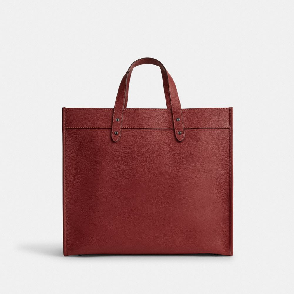 COACH®,FIELD TOTE BAG 40 WITH COACH BADGE,Polished Pebble Leather,X-Large,Ruby Red,Back View