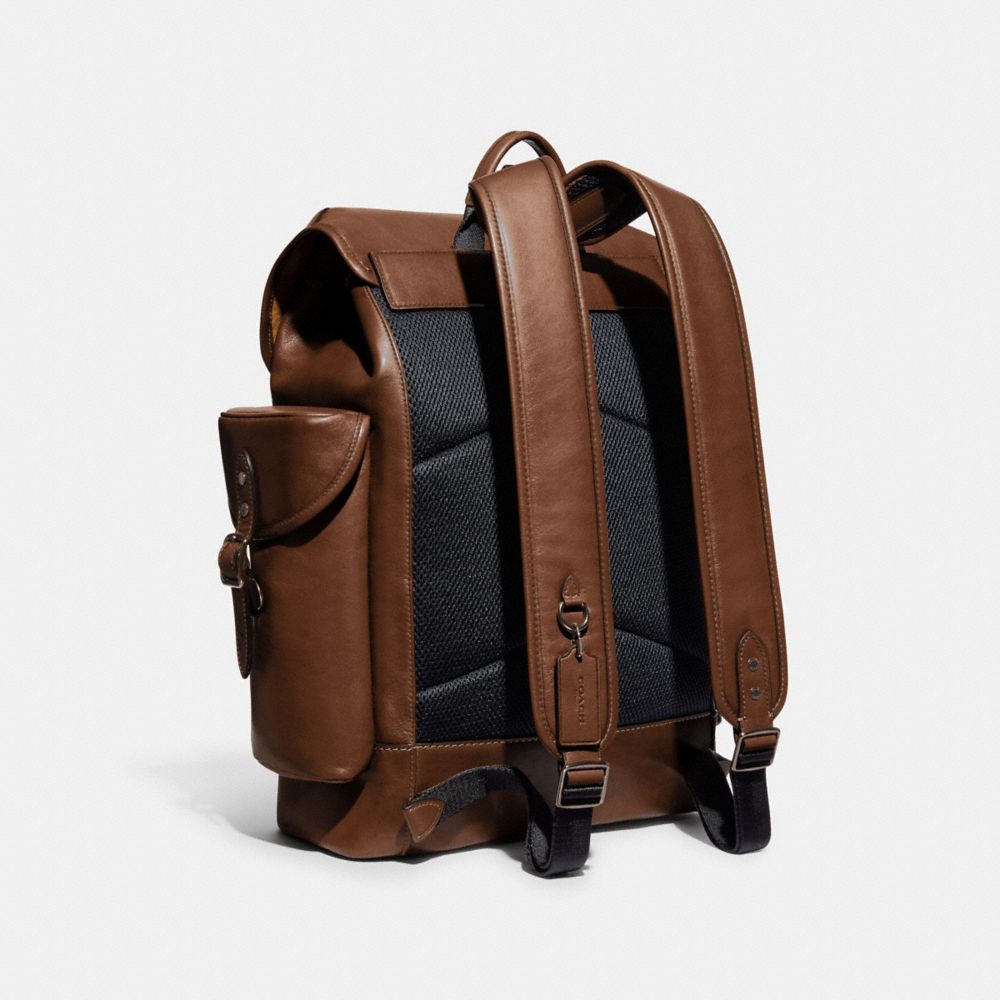 COACH®,HITCH BACKPACK,Leather,Large,Dark Saddle,Angle View