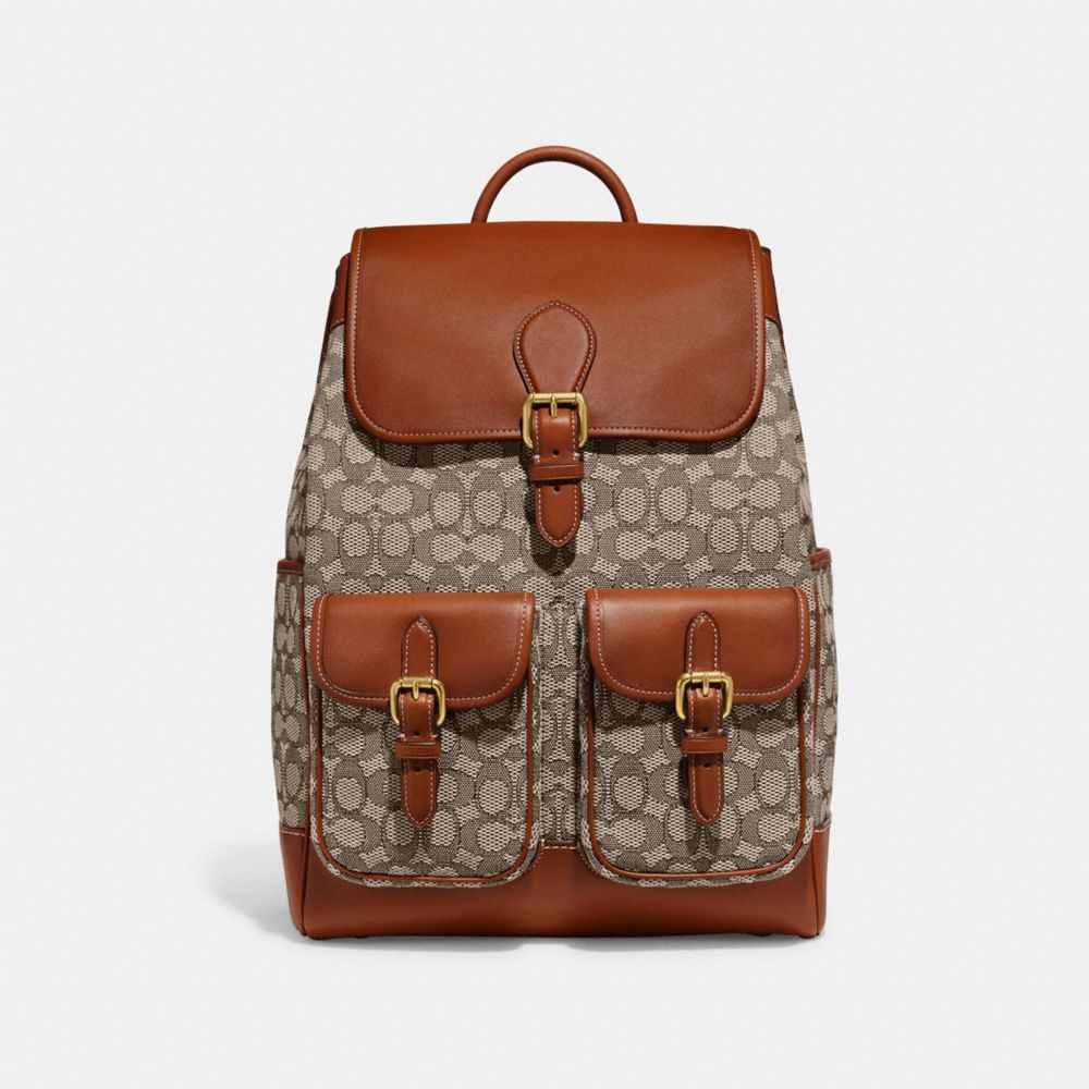 COACH®,FRANKIE BACKPACK IN SIGNATURE TEXTILE JACQUARD,Signature Jacquard,X-Large,Cocoa,Front View image number 0