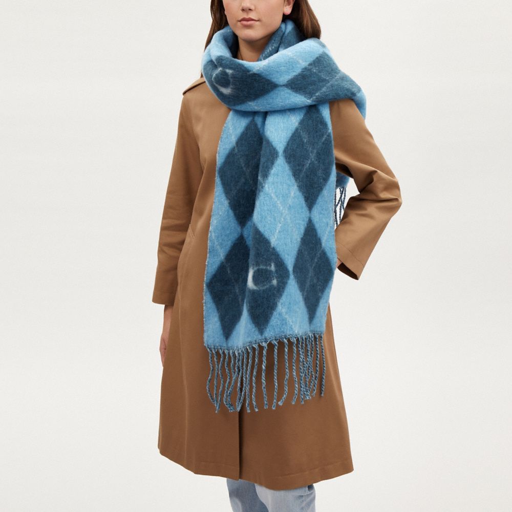 COACH®,Argyle Print Oversized Muffler,Wool,Polyester,Cashmere,Rectangle,Fringe,Logo,Casual,Multi Color,Detail View